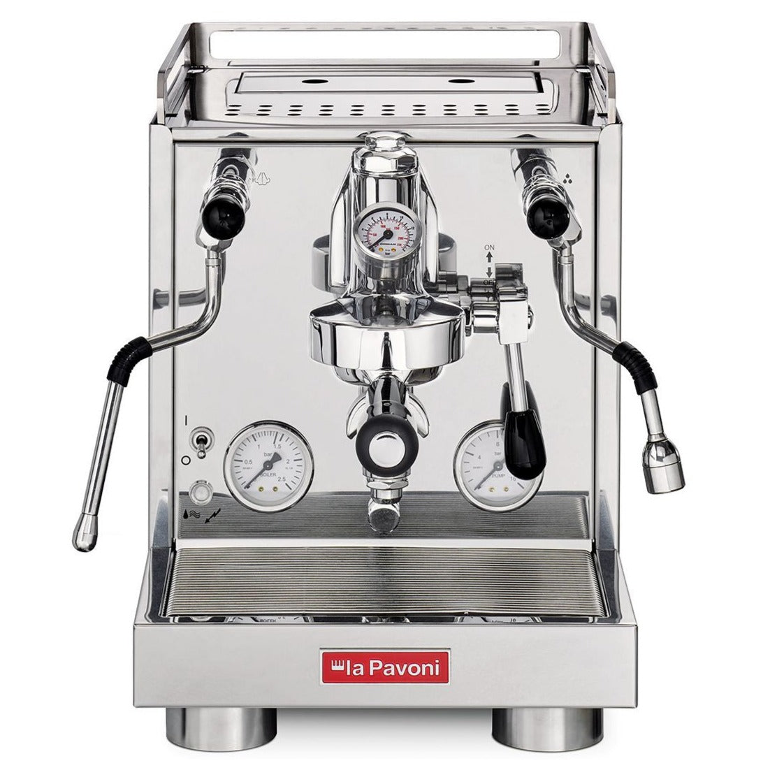 La Pavoni Cellini Evoluzione RT Coffee Machine in polished stainless steel, featuring dual pressure gauges, E61 group head, commercial-grade steam wands, and cup warming tray. Professional-grade espresso maker with rotary pump and sleek Italian design.