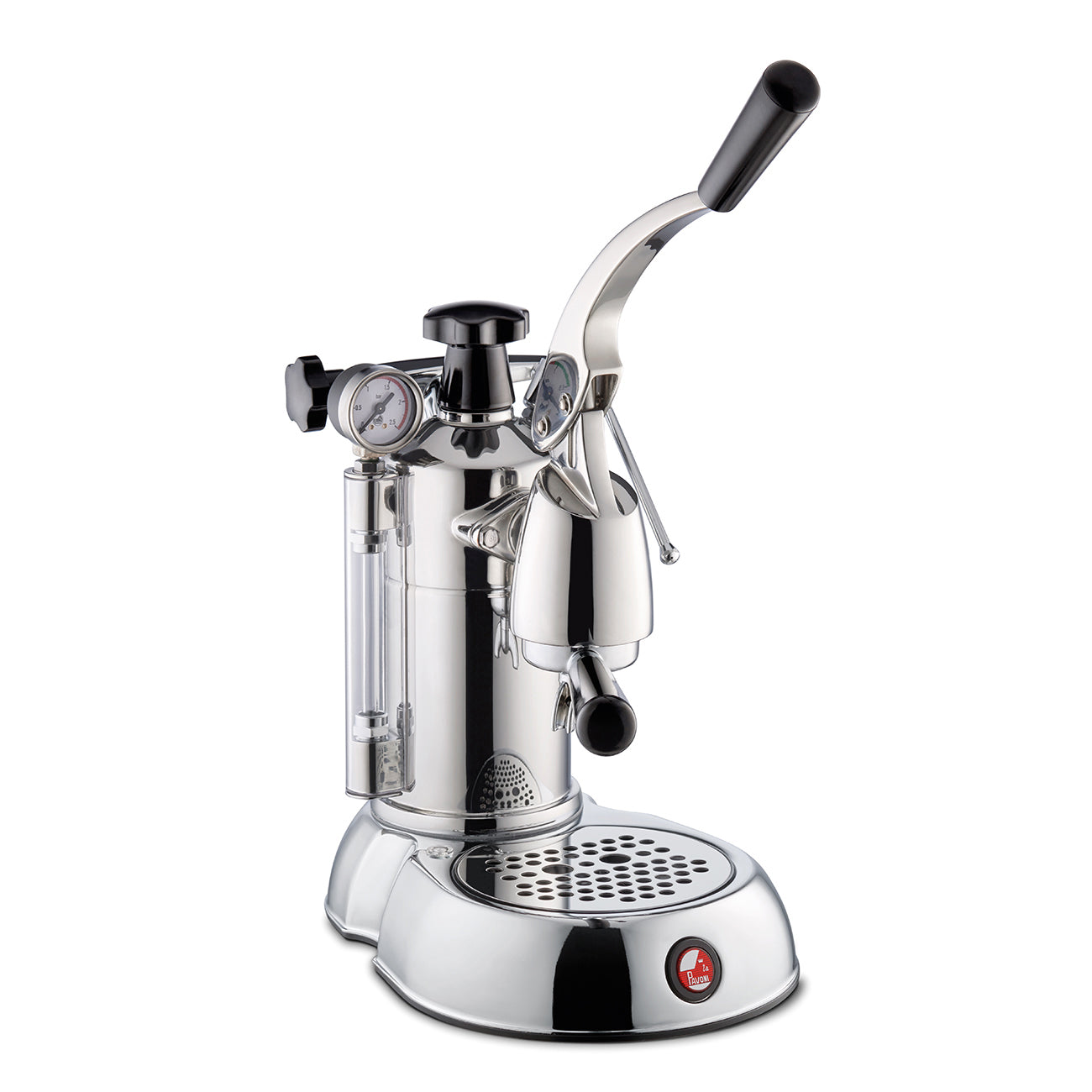 La Pavoni Stradivari Professional Coffee Machine in polished chrome finish, featuring a manual lever design, pressure gauge, drip tray, and violin-inspired elegant curves. Premium espresso maker with professional-grade components and classic Italian craftsmanship.