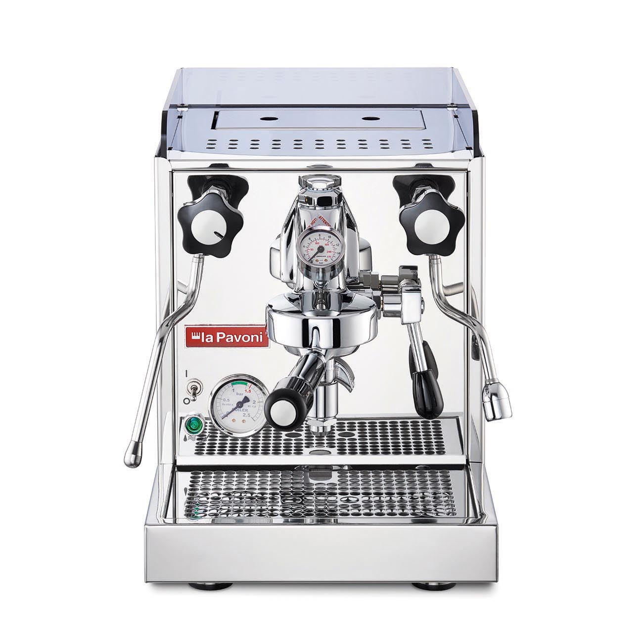 La Pavoni Cellini Classic Traditional Model espresso machine in polished stainless steel, featuring dual steam wands, pressure gauge, chrome-plated grouphead, and drip tray with metal grating, showcasing Italian craftsmanship in a professional-grade design