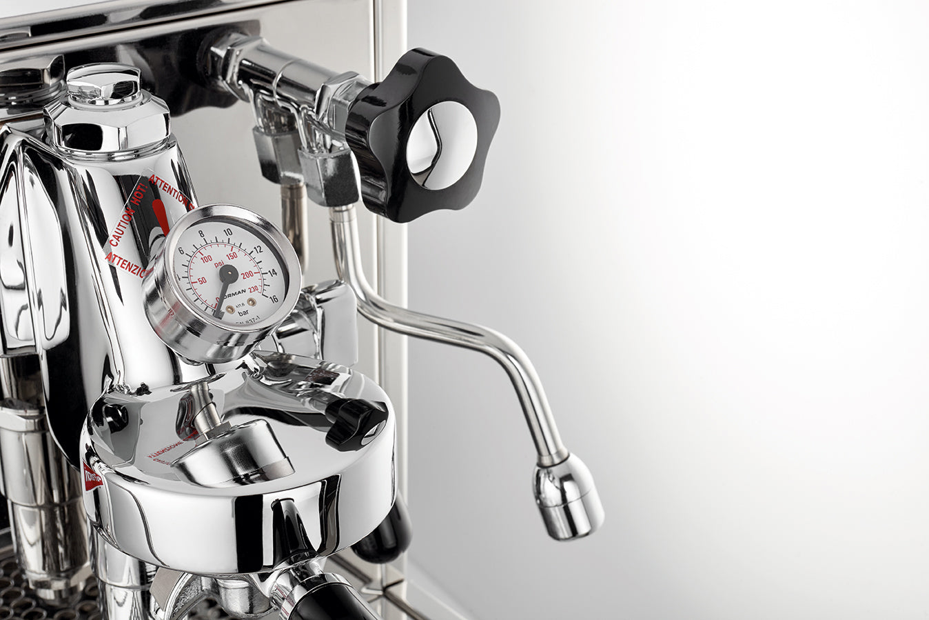 La Pavoni Cellini Classic Traditional Model espresso machine showcasing its polished stainless steel finish, professional-grade pressure gauge, chrome-plated brew group, and lever control mechanism against a white background, highlighting its premium Italian craftsmanship and professional features