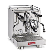 La Pavoni Cellini Evoluzione RT Coffee Machine featuring sleek stainless steel construction with dual pressure gauges, E61 group head, professional-grade steam wand, and commercial rotary pump. Premium Italian-made espresso machine with chrome finish and cup warming tray.