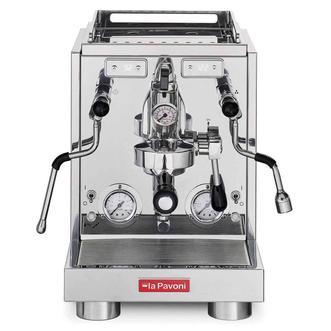 La Pavoni Botticelli Specialty Dual Boiler Coffee Machine in polished stainless steel finish, featuring professional-grade dual pressure gauges, steam wands, and group head with naked portafilter. Modern Italian espresso machine with PID display and premium controls.